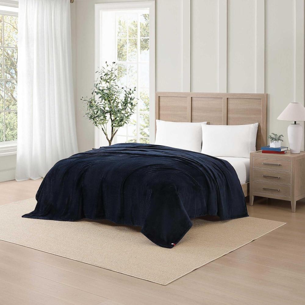 imageTommy Hilfiger Twin Plush Blanket Medium Weight Bedding for YearRound Use Perfect for Layering on Beds or Couches Dorm Essentials Light BeigeNavy