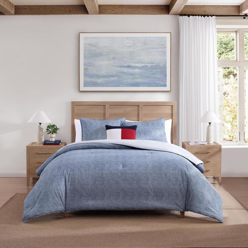 imageTommy Hilfiger TwinTwin XL Comforter Set Textured Cotton Plain Weave Bedding with Matching Sham Reversible Medium Weight for YearRound Use Dorm Essentials OekoTex Certified Dark BlueDark Blue
