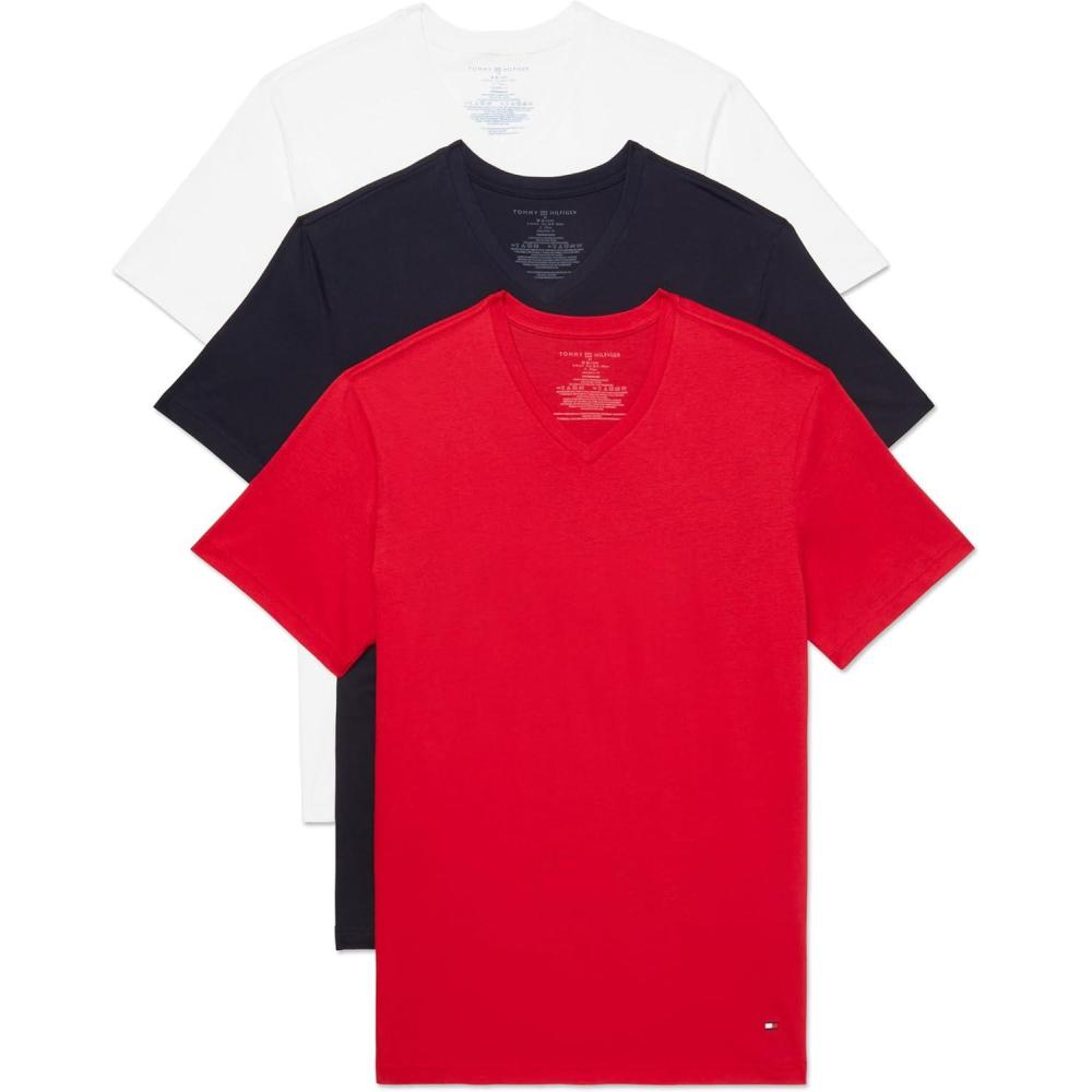 imageTommy Hilfiger Mens Cotton Classics 3Pack VNeck UndershirtsPrimary Red Navy White