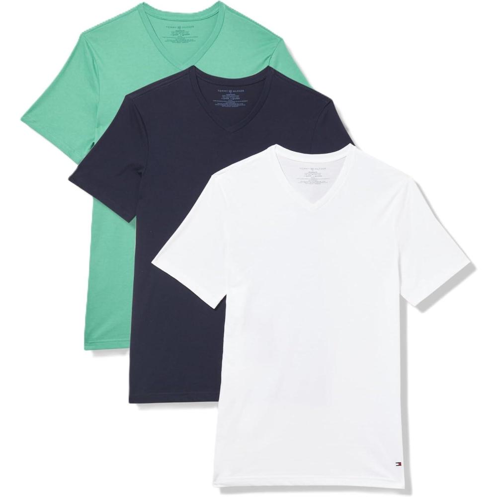 imageTommy Hilfiger Mens Cotton Classics 3Pack VNeck UndershirtsValley Green Desert Sky White