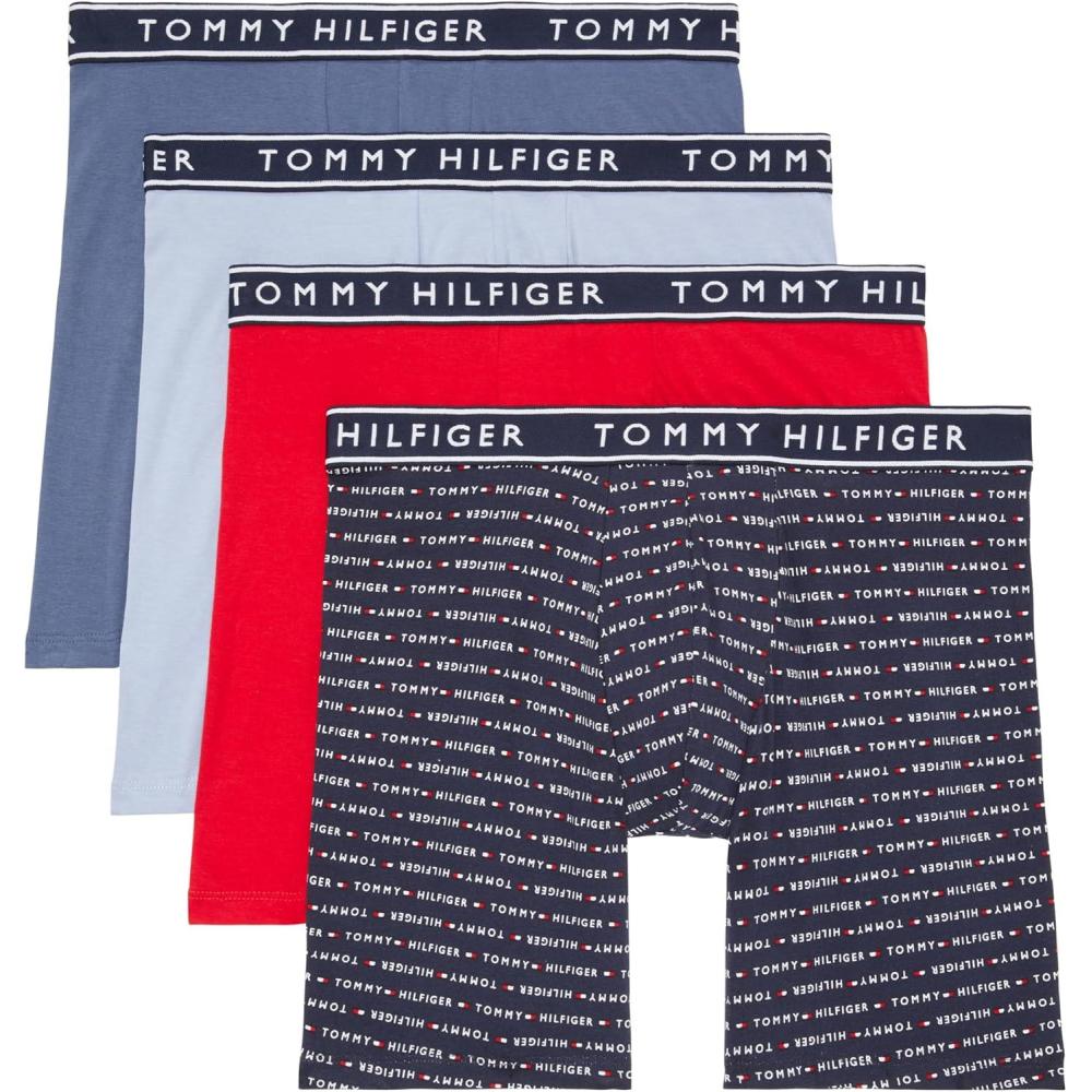 imageTommy Hilfiger Mens Cotton Stretch 4Pack Boxer BriefGrey Navy Logo Print Mahogany Indigo