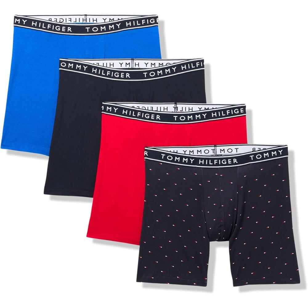 imageTommy Hilfiger Mens Cotton Stretch 4Pack Boxer BriefRoyalty Navy Microflag Print Primary Blue Navy