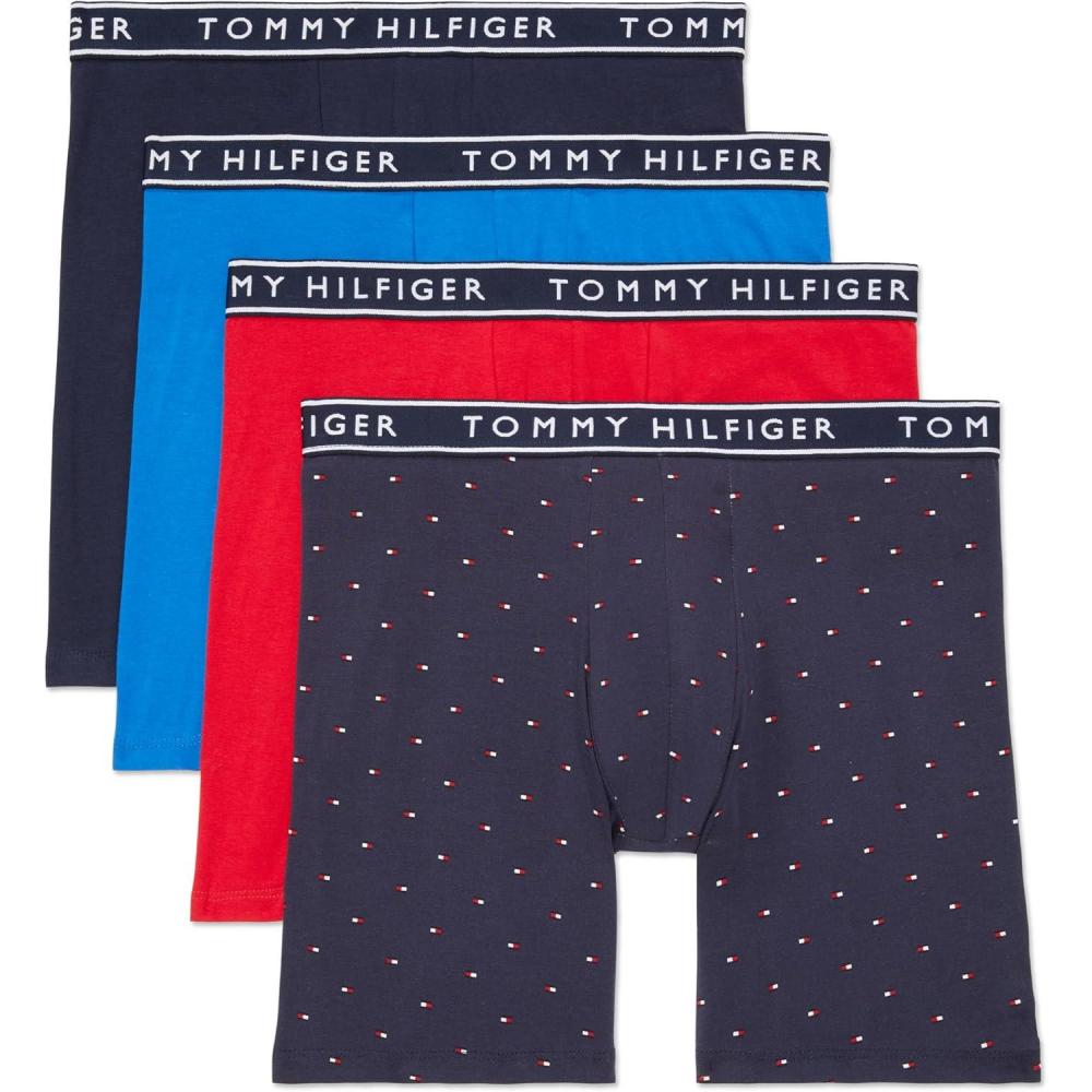 imageTommy Hilfiger Mens Cotton Stretch 4Pack Boxer BriefTrue Blue Navy Microflag Print Mahogany Navy
