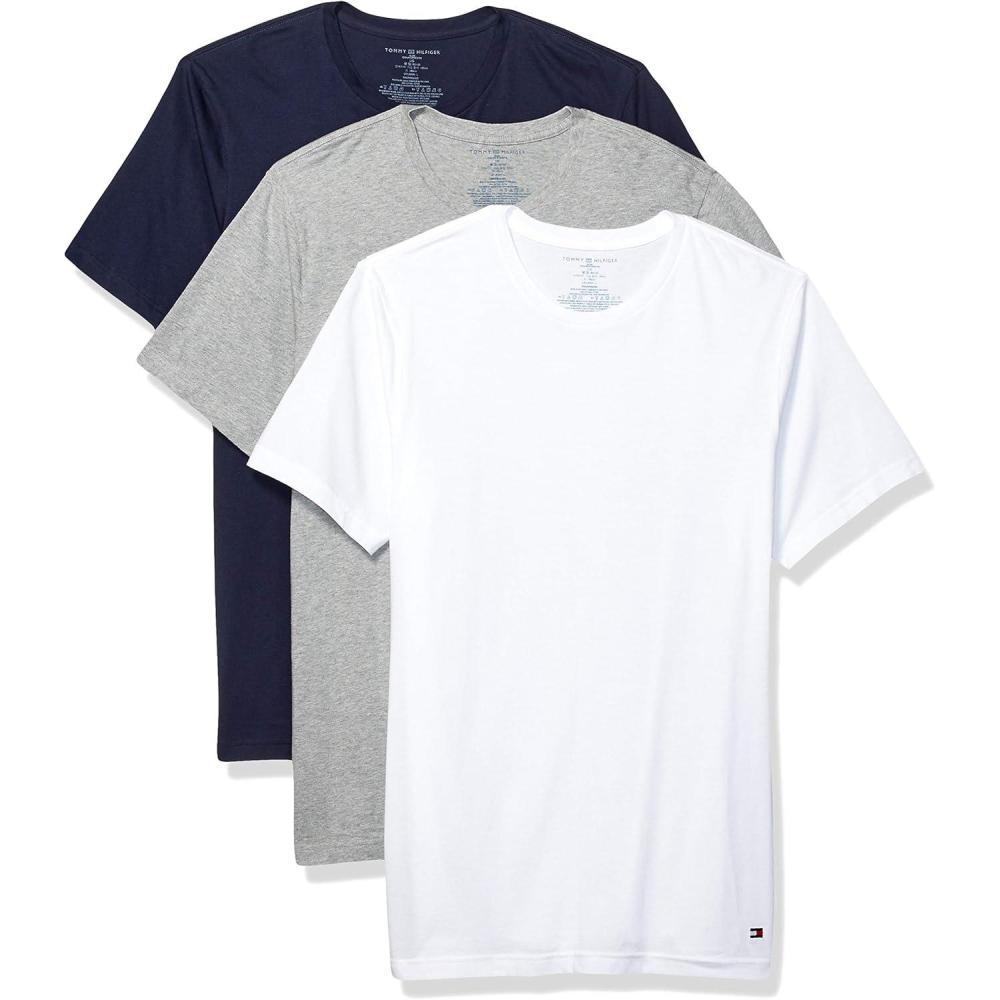 imageTommy Hilfiger Mens Undershirts 3 Pack Cotton Classics Slim Fit Crew TShirtDark NavyGrey HeatherWhite