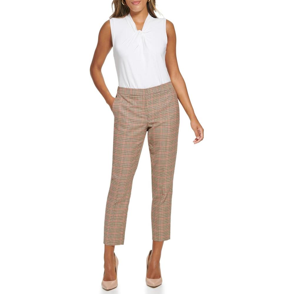 imageTommy Hilfiger Womens High Rise Houndstooth Ankle Casual Trouser PantsChili Pepper Multi