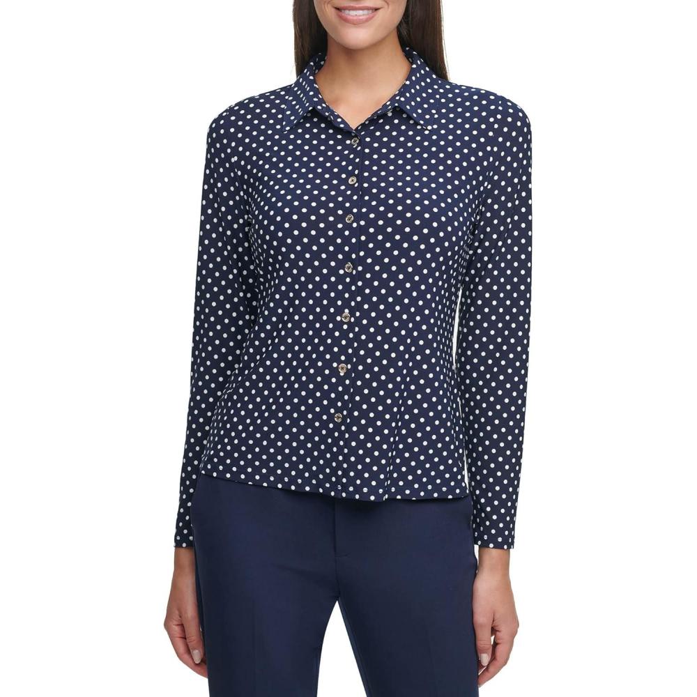 imageTommy Hilfiger Womens Long Sleeve Collared Button Front TopIvoryMidnight