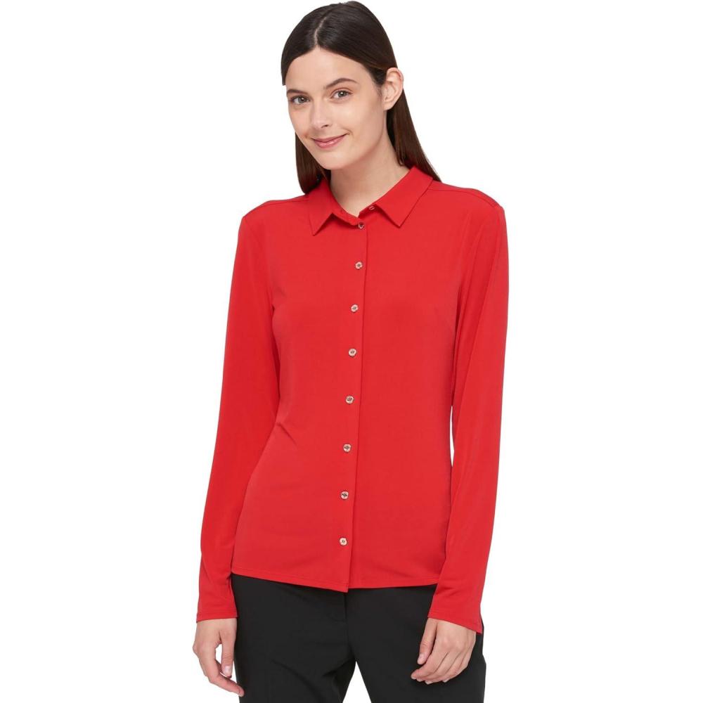 imageTommy Hilfiger Womens Long Sleeve Collared Button Front TopScarlet