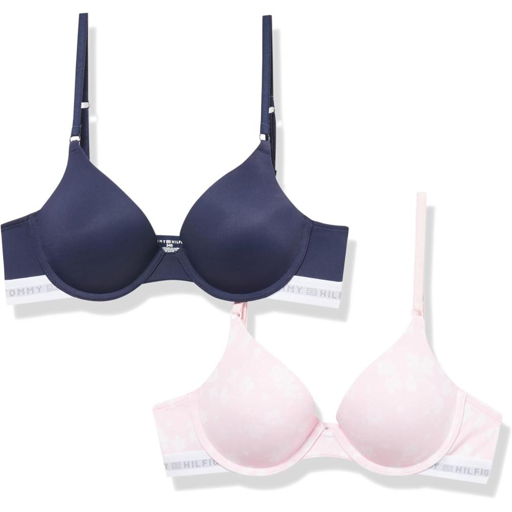 imageTommy Hilfiger Womens Microfiber Pushup Bra with Underwire 2PackSprinkle Dash Floral Blushing BrideSky Captain