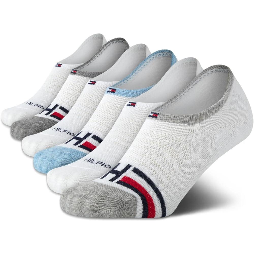 imageTommy Hilfiger Womens No Show Socks  6 Pack Cotton Blend Ankle Socks for Women  Ultra Low Cut Liners for Loafers ampamp SneakersWhite Monogram