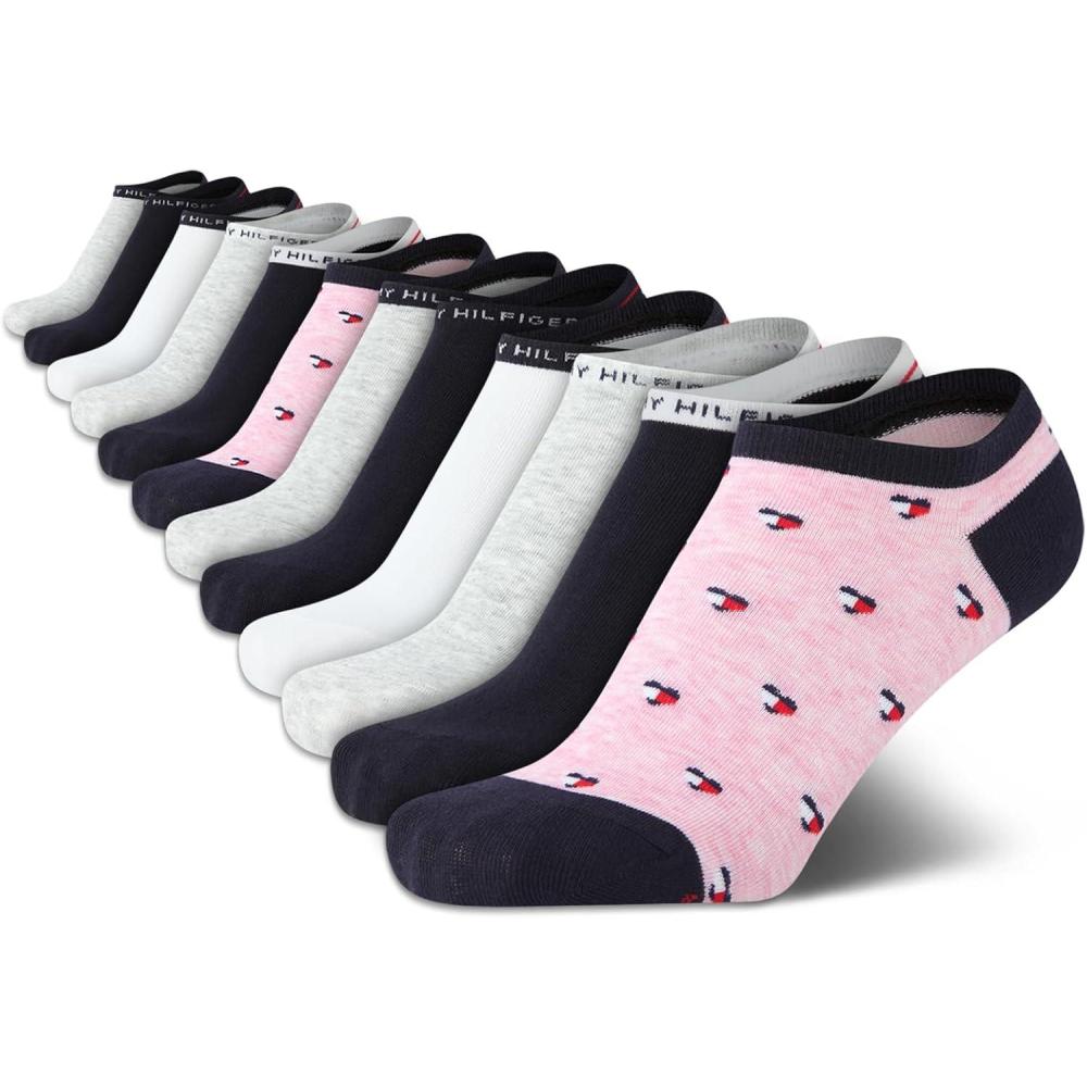 imageTommy Hilfiger Womens No Show Socks 12 Pack Cotton Blend Lightweight Athletic Performance Cushioned Running Socks for WomenPink Multi