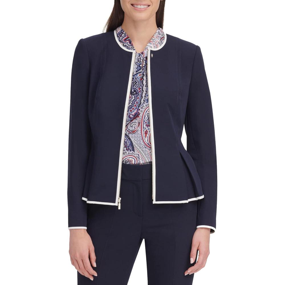 imageTommy Hilfiger Womens Peplum Collarless Zip Front Blazer JacketMidnightIvory