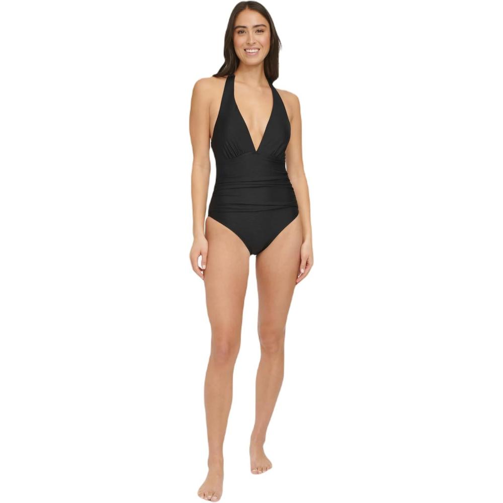 imageTommy Hilfiger Womens Stretch Tummy Control Halter Neck One Piece SwimsuitEbony