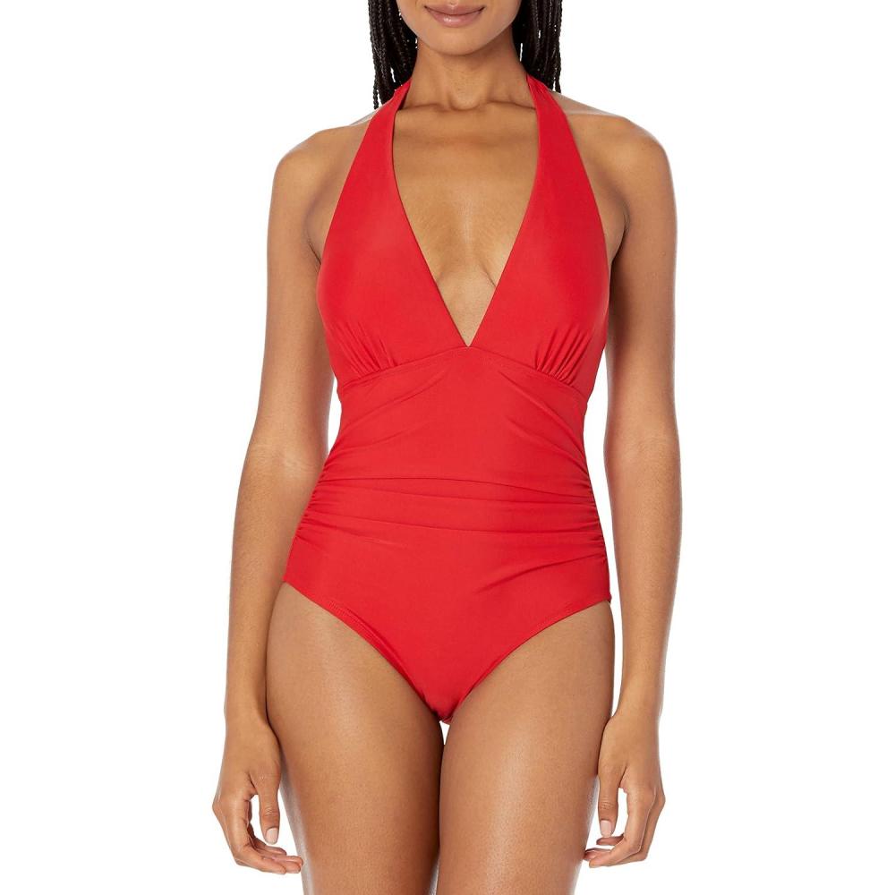 imageTommy Hilfiger Womens Stretch Tummy Control Halter Neck One Piece SwimsuitScarlet