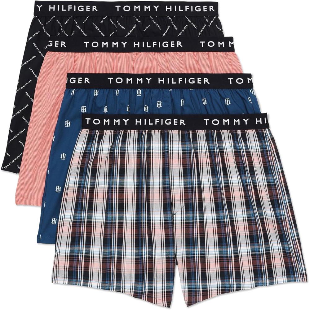 imageTommy Hilfiger mens Cotton Classic 4pack Woven BoxerIced Orange Plaid  Desert Sky Logo Print  Iced Orange Stripe  Cool Dip Logo Print