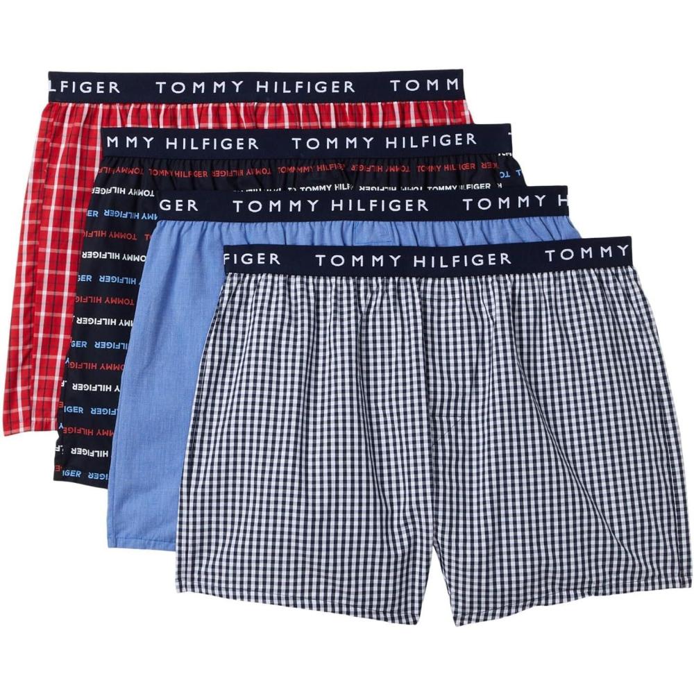 imageTommy Hilfiger mens Cotton Classic 4pack Woven BoxerPrimary Red Plaid  Desert Sky Logo Print  Royalty  Desert Sky Gingham