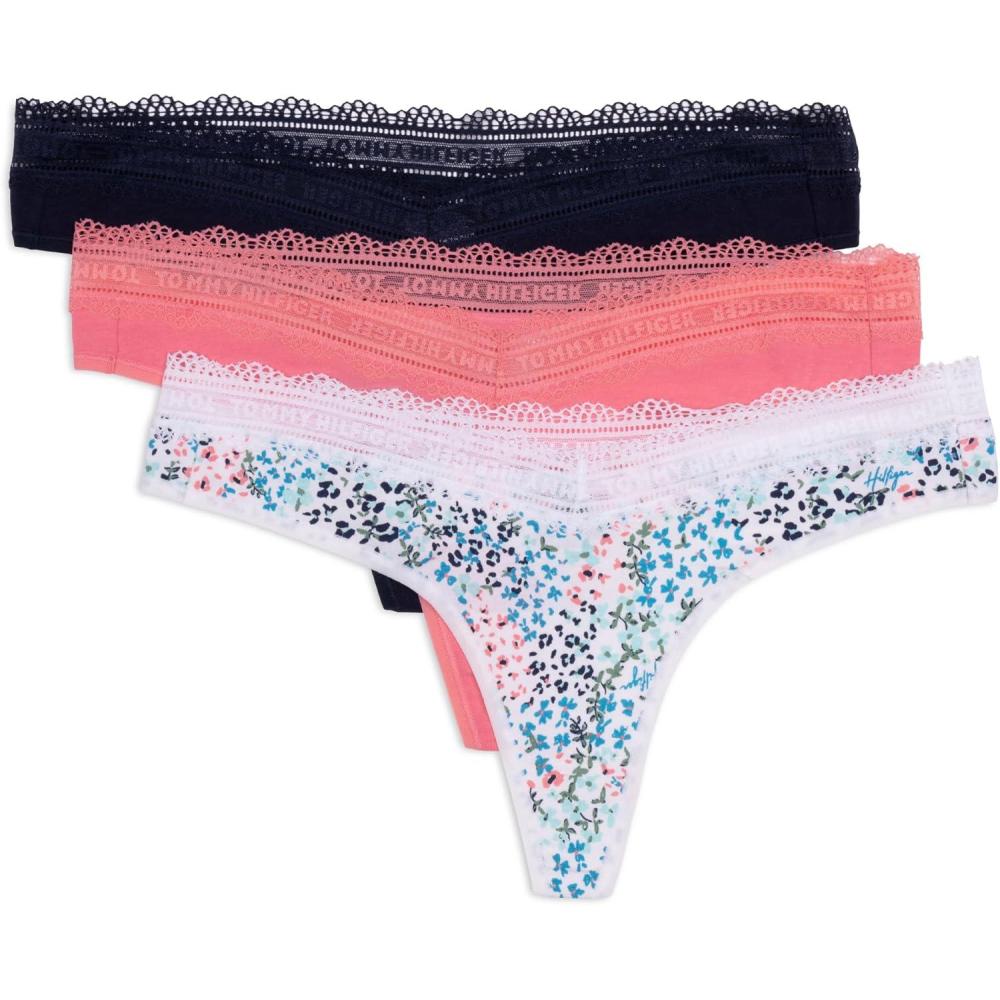 imageTommy Hilfiger womens 3pk Cotton Logo Lace Trim V ThongFlyaway Floral Bright WhiteStrawberry PinkSky Captain