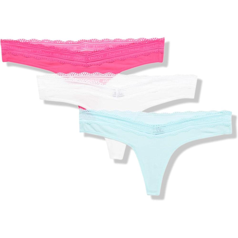 imageTommy Hilfiger womens 3pk Cotton Logo Lace Trim V ThongFuchsia PurpleBright WhiteClearwater