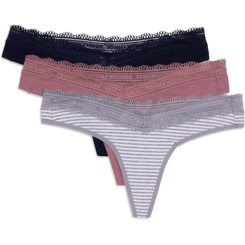 imageTommy Hilfiger womens 3pk Cotton Logo Lace Trim V ThongQuarter Feeder Stripe Heather GreyNostalgia RoseSky Captain