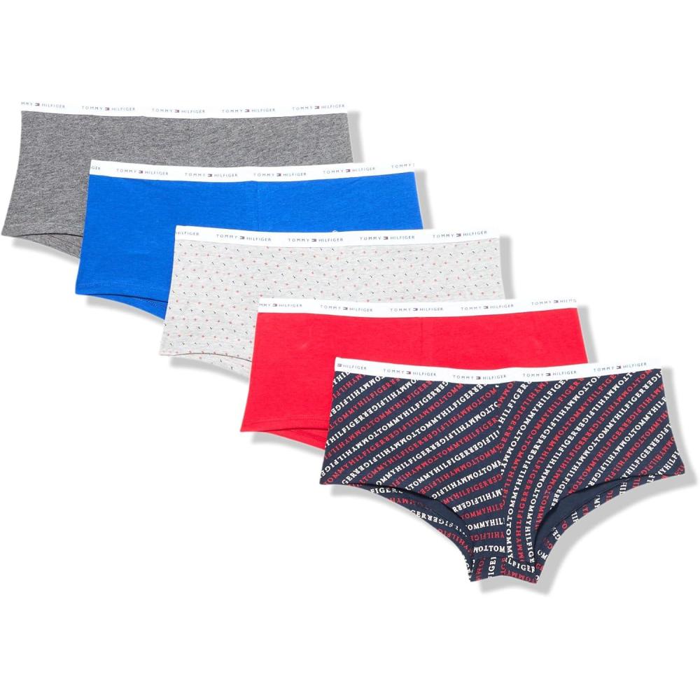 imageTommy Hilfiger womens Classic Cotton Boyshort Panties  5 Pair PackCharcoal GreySurf BlueTh HeatherApple RedNavy Print