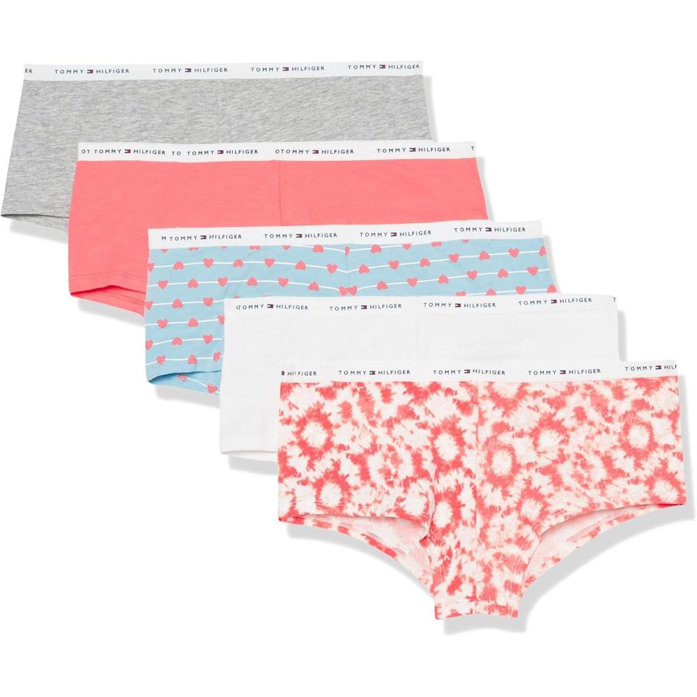 imageTommy Hilfiger womens Classic Cotton Boyshort Panties  5 Pair PackTie Dye FuchsiaFuschiaWhiteHeather GreyHearts