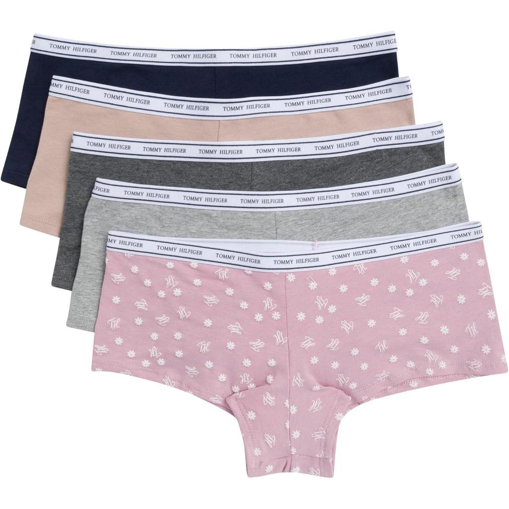 imageTommy Hilfiger womens Classic Cotton Boyshort Underwear With Logo Waistband 5packDainty Th Daisy Dawn PinkHeather GreySky CaptainBalanced BeigeCharcoal Heather Grey