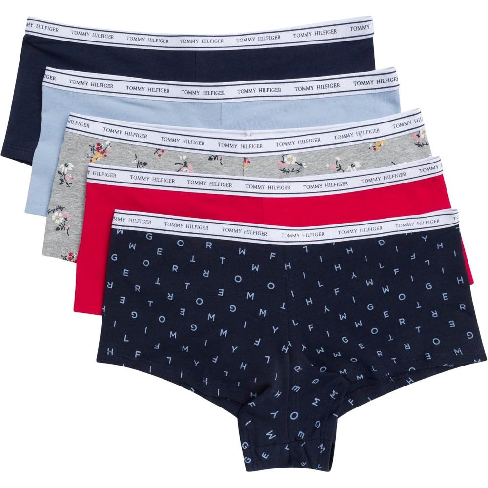 imageTommy Hilfiger womens Classic Cotton Boyshort Underwear With Logo Waistband 5packTh Multi Sky CaptainForever BlueSky CaptainTango RedHeritage Floral Heather Grey