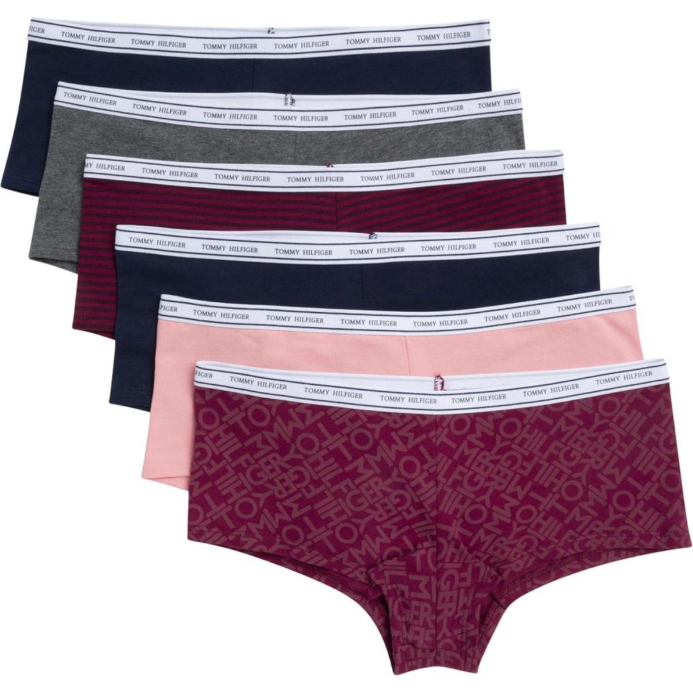 imageTommy Hilfiger womens Classic Cotton Boyshort Underwear With Logo Waistband 6packTh Diagonal Windsor WineBridal RoseSky CaptainCharcoal Heather GreySky CaptainStripe Windsor Wine