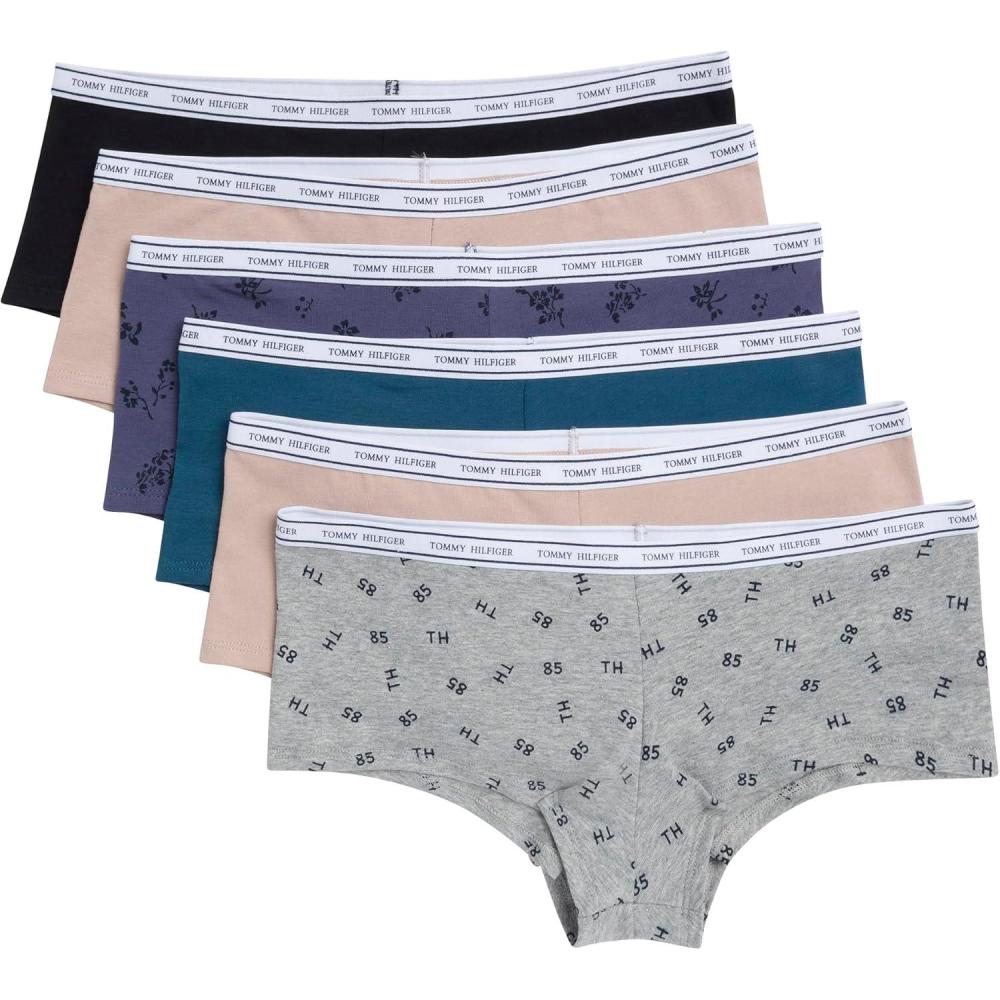 imageTommy Hilfiger womens Classic Cotton Boyshort Underwear With Logo Waistband 6packTossed Th Heather GreyBalanced BeigeBlackAlfalfa BlueBalanced BeigeMonochrome Floral Crown Blue
