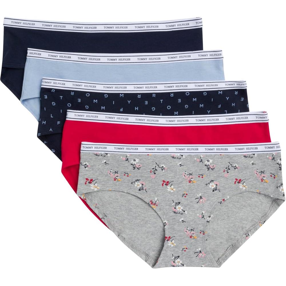 imageTommy Hilfiger womens Classic Cotton Hipster Underwear With Logo Waistband 5packAllover Tommy Hilfiger Multi Sky CaptainForever BlueSky CaptainTango RedHeritage Floral Heather Grey