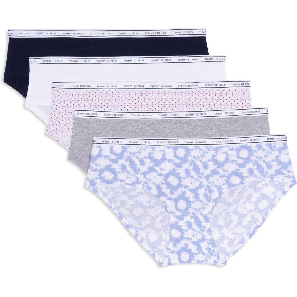 imageTommy Hilfiger womens Classic Cotton Hipster Underwear With Logo Waistband 5packRound Tie Dye Brunerra BlueHeather GreyTh Stacked Geo Bright WhiteBright WhiteNavy Blazer