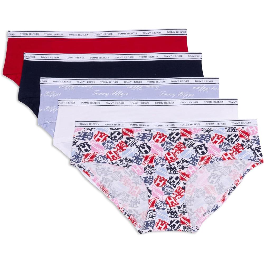 imageTommy Hilfiger womens Classic Cotton Hipster Underwear With Logo Waistband 5packTattoo Elements Bright WhiteBright WhiteBrunerra Blue Th CalligraphyHeather GreyApple Red