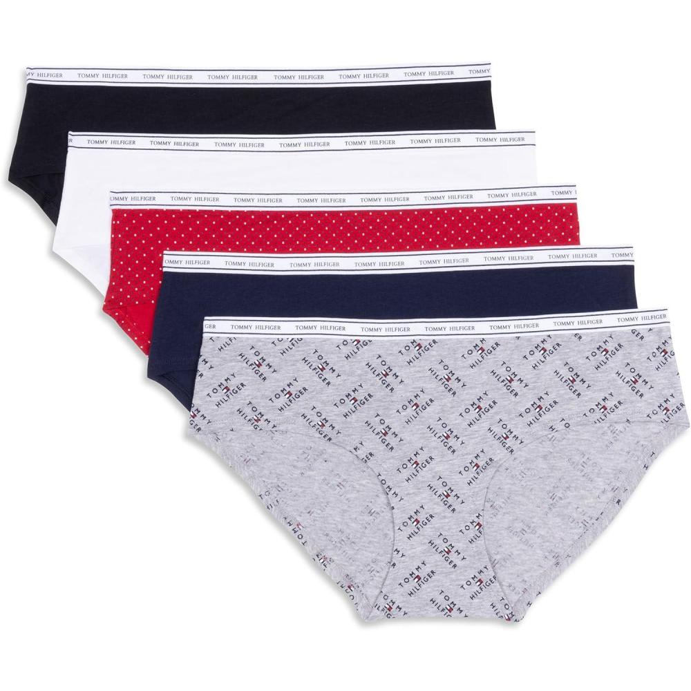 imageTommy Hilfiger womens Classic Cotton Hipster Underwear With Logo Waistband 5packTh Flag Stack Heather GreyNavy BlazerSuper Mini Dots Apple RedBright WhiteBlack