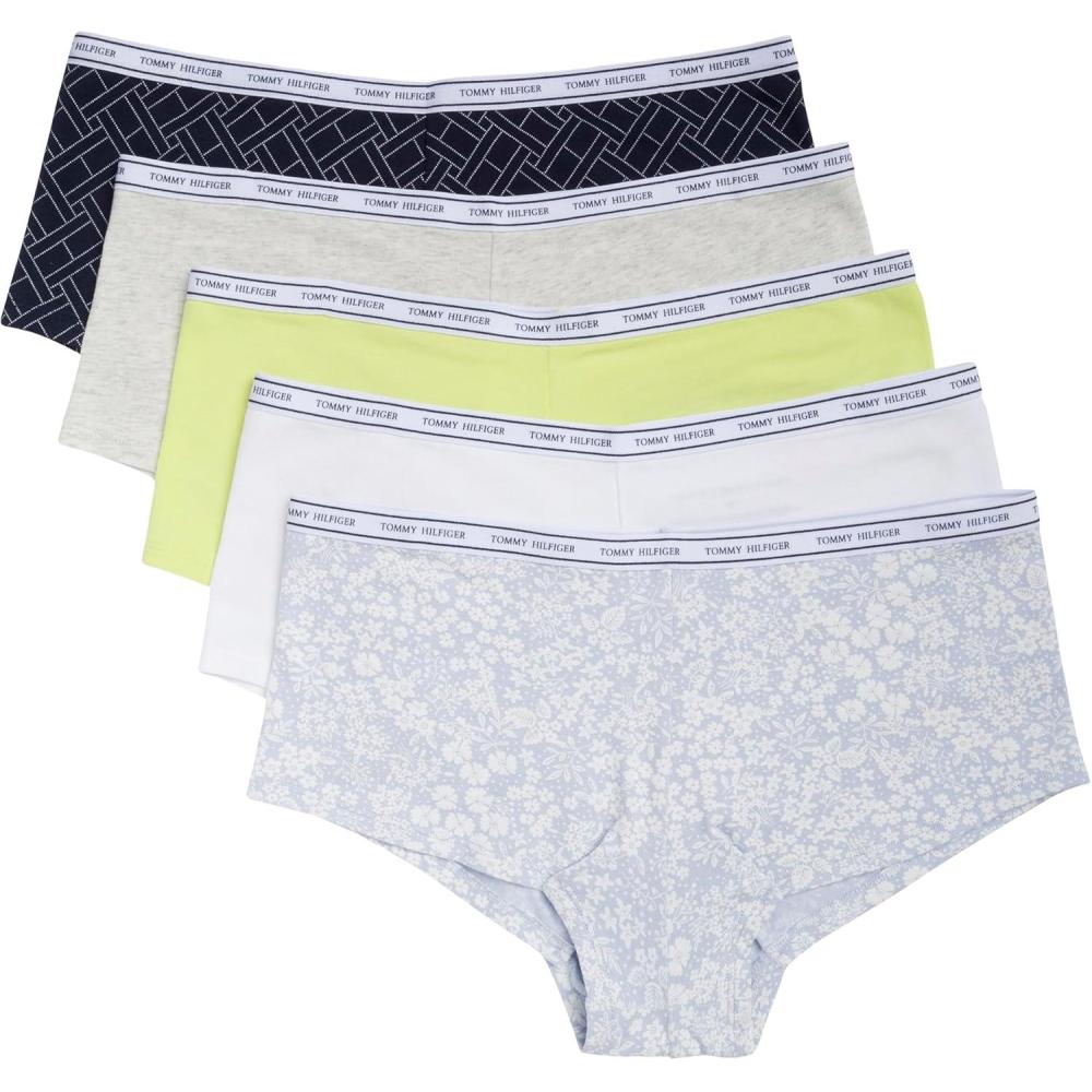 imageTommy Hilfiger womens Classic Cotton Logoband Boyshort 5 PackSky CaptainLimeHeather GreyWhiteWildflower Ditsy