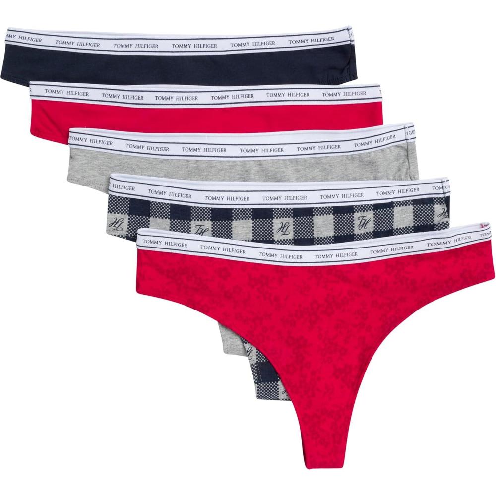 imageTommy Hilfiger womens Classic Cotton Thong Underwear With Logo Waistband 5packTh Buffalo Plaid X Heather GreyTango RedSky CaptainHeather GreyBouquet Tango Red