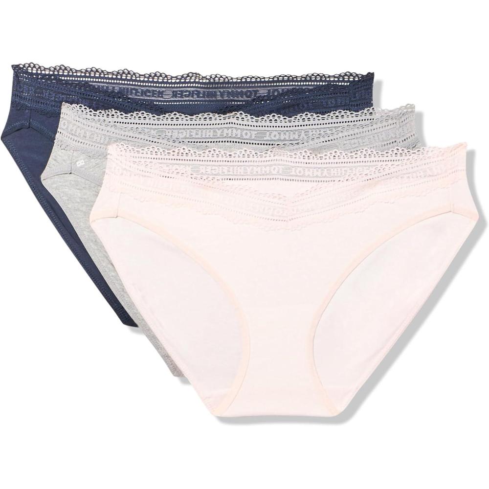 imageTommy Hilfiger womens Cotton Logo Lace Trim Bikini 3packFlag PrintRosewaterSky Captain