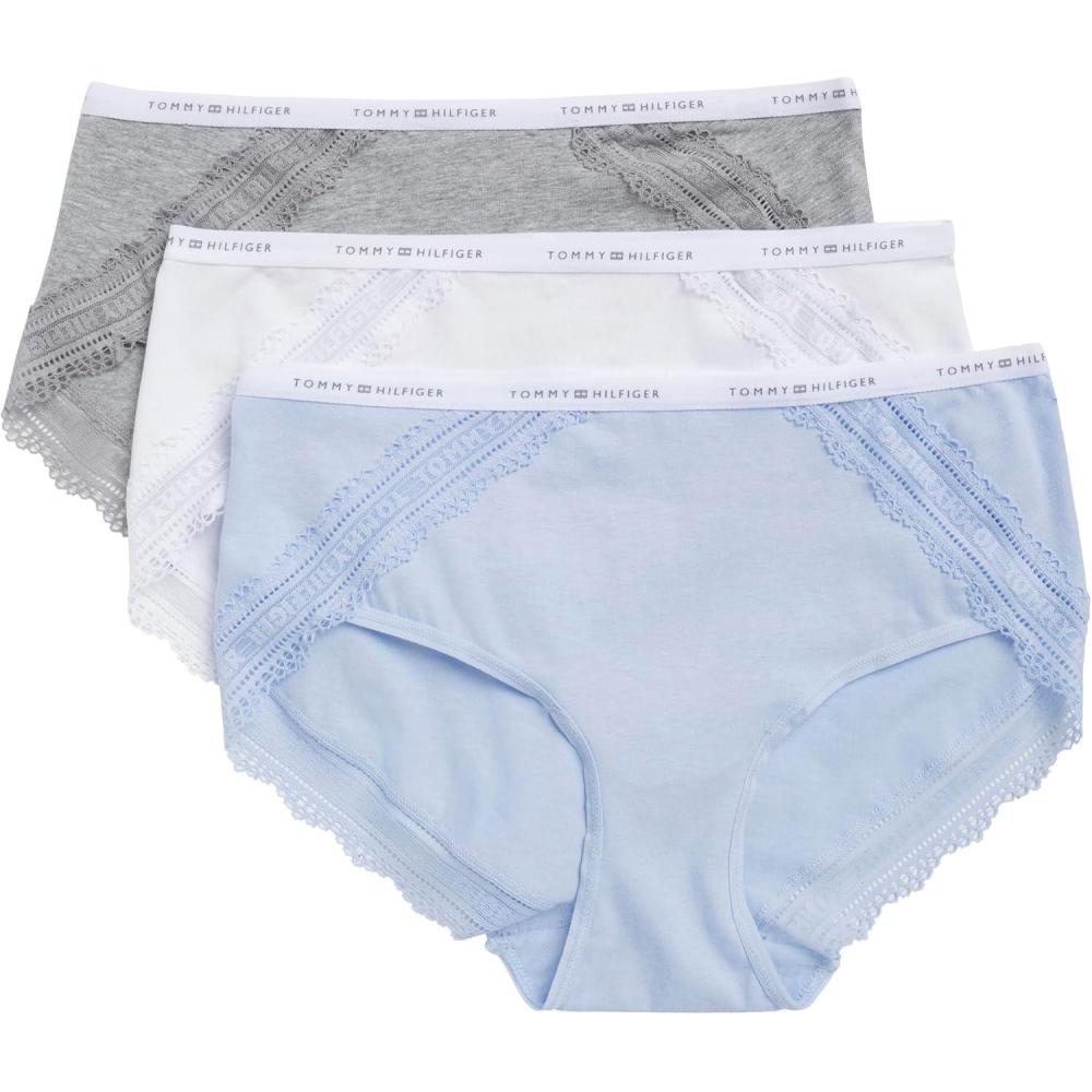 imageTommy Hilfiger womens Cotton Logo Waistband Lace Trim Hipster 3packSweet BlueBright WhiteHeather Grey