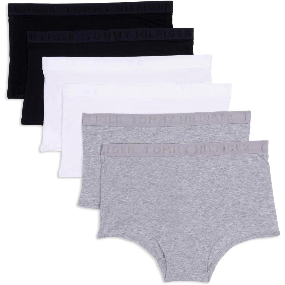 imageTommy Hilfiger womens Logo Waistband Cotton Boyshort 6 PackHeather GreyBright WhiteBlack