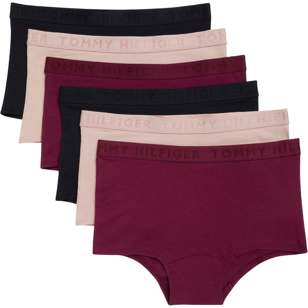 imageTommy Hilfiger womens Logo Waistband Cotton Boyshort 6 PackWindsor WineBalanced BeigeBlack