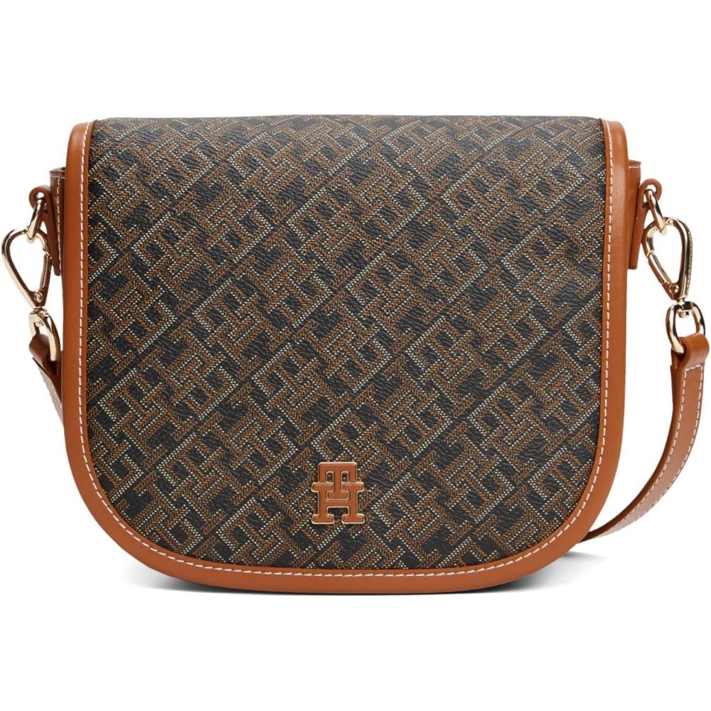 imageTommy Hilfiger womens Monogram Leather Saddle Crossbody Bag With Adjustable Crossbody StrapBlack