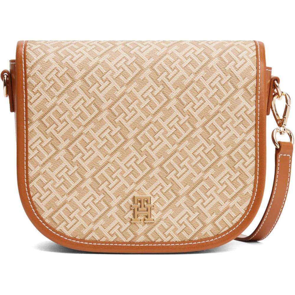 imageTommy Hilfiger womens Monogram Leather Saddle Crossbody Bag With Adjustable Crossbody StrapSandalwood