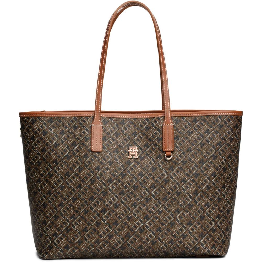 imageTommy Hilfiger womens Monogram Leather Tote With Zipper PocketBlack Tan Mix