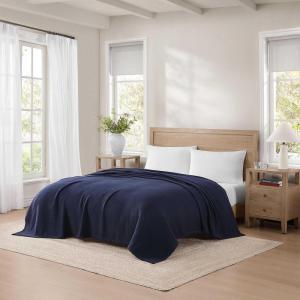 Tommy Hilfiger – Twin Cotton Blanket, Woven Channel Stitched Bedding, Medium Weight Soft Blanket, Anti-Pilling & Fade Resistant, Ideal for Layering, Oeko-TEX Certified (Blue)(Cotton Pique Navy)