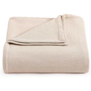 Tommy Hilfiger – Twin Cotton Blanket, Woven Channel Stitched Bedding, Medium Weight Soft Blanket, Anti-Pilling & Fade Resistant, Ideal for Layering, Oeko-TEX Certified (Blue)(Cotton Pique Beige)