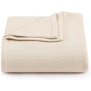 Tommy Hilfiger – Twin Cotton Blanket, Woven Channel Stitched Bedding, Medium Weight Soft Blanket, Anti-Pilling & Fade Resistant, Ideal for Layering, Oeko-TEX Certified (Blue)(Running Stitch Beige)