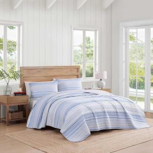 Tommy Hilfiger – Twin Quilt Set, Cotton Textured Bedding with Matching Sham, Medium Weight Bed Set, European Closure, Oeko-TEX Certified (Bold Stripe Blue)(Bold Stripe Blue)