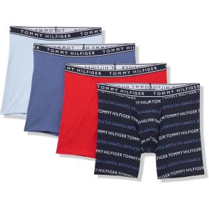 Tommy Hilfiger Men’s Cotton Stretch 4-Pack Boxer Brief(Breezy Blue  Navy Logo Print  Primary Red  Bank Blue)