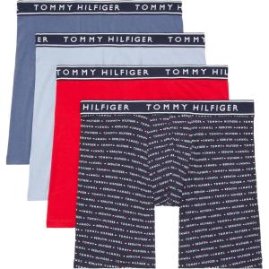 Tommy Hilfiger Men’s Cotton Stretch 4-Pack Boxer Brief(Grey  Navy Logo Print  Mahogany  Indigo)