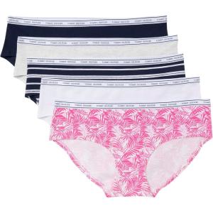 Tommy Hilfiger Women’s Classic Cotton Logoband Hipster 5-Pack(Mini Palm Leaves/Bright White/Heather Grey/Sky Capintain/Sky Captain Stripe)