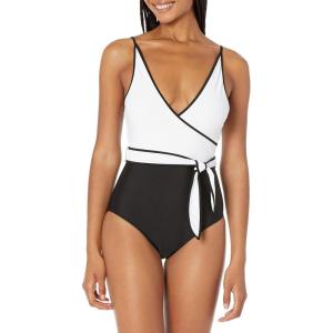Tommy Hilfiger Womens Classic V-Neck One Piece Swimsuit(Black/White Halter)
