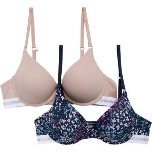 Tommy Hilfiger Womens Microfiber Push-up Bra with Underwire 2-Pack(Flyaway Floral Sky Captain/Balanced Beige)